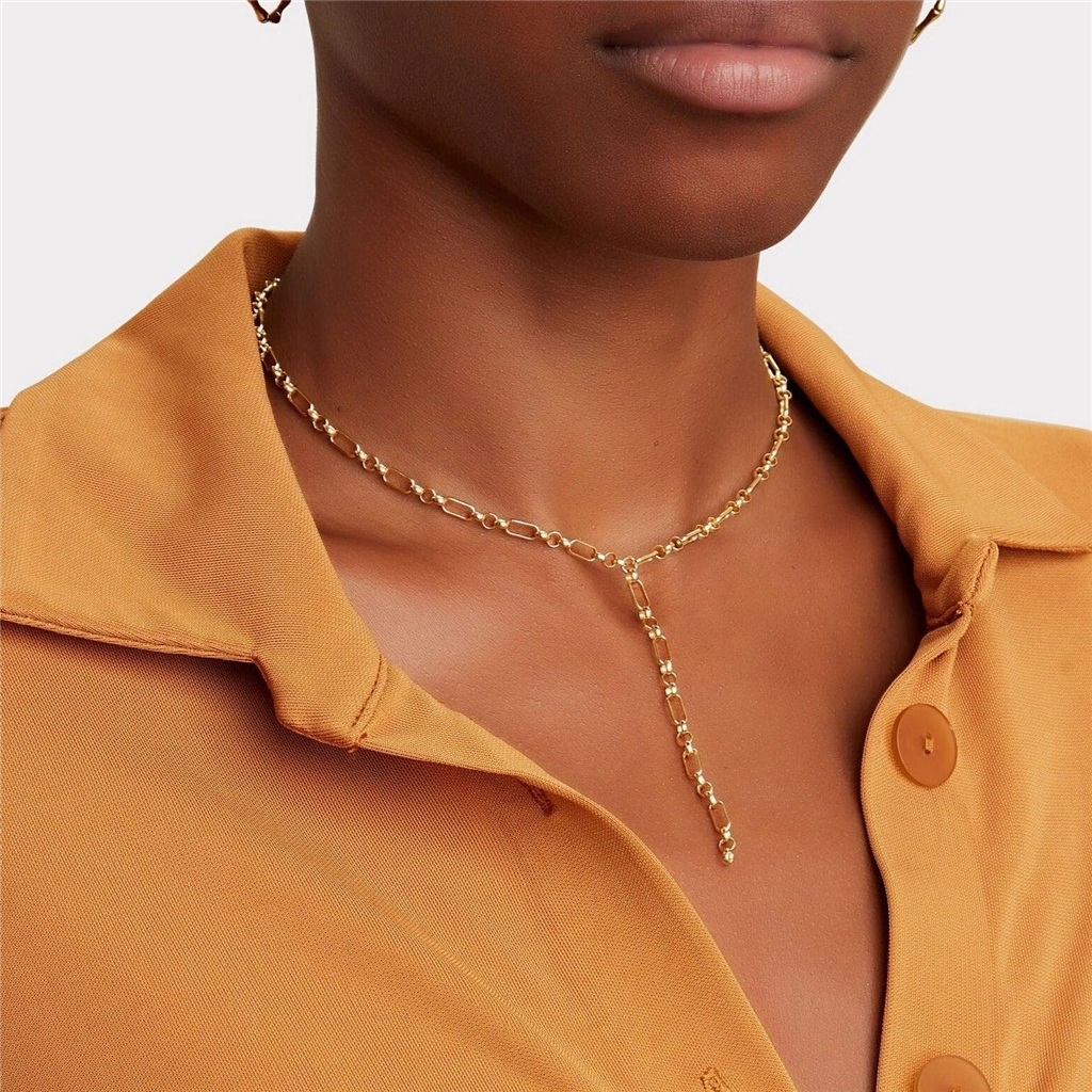 14K Yellow Gold Overlay Oval And Triple Round Link Yaeli Lariat Necklace