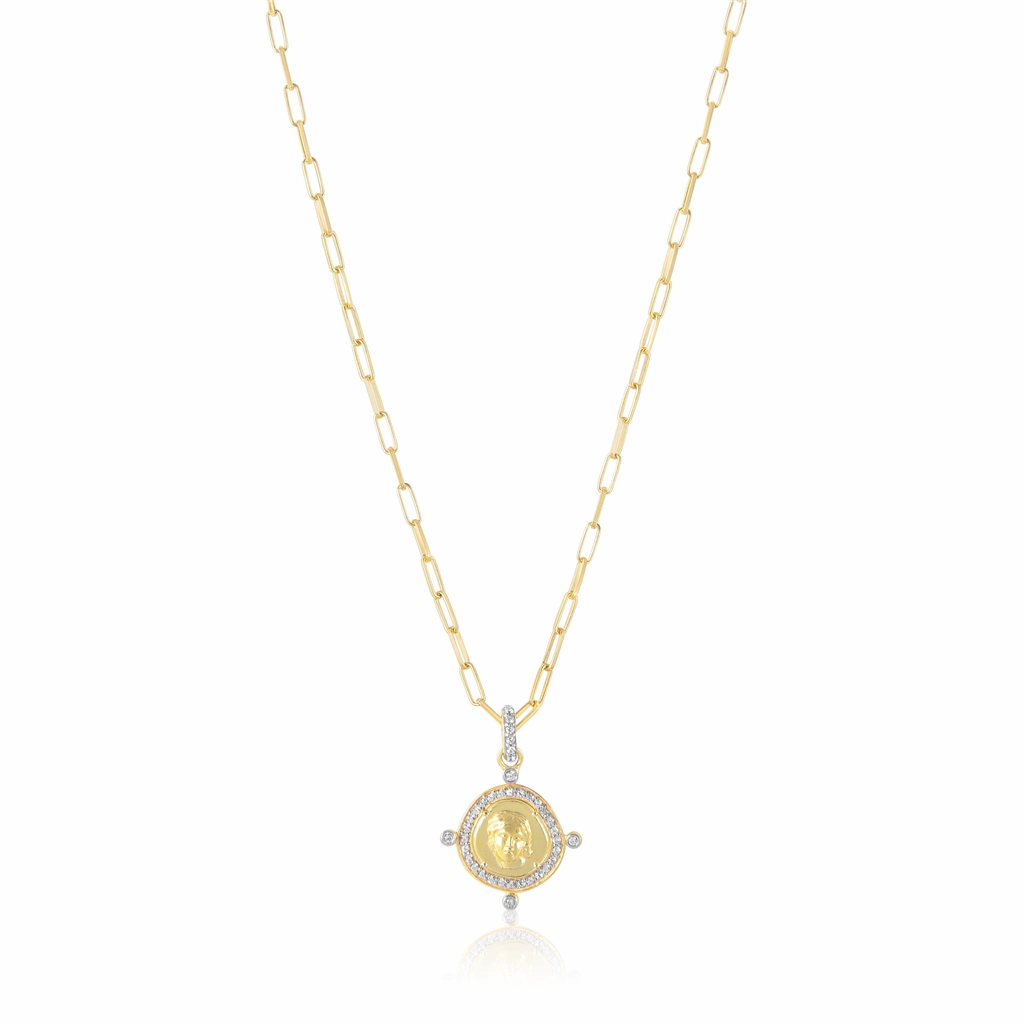 14K Yellow Gold Overlay Pave Coin Lady Charm Necklace