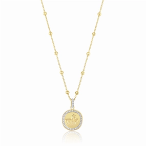 14K Yellow Gold Overlay White Zircon Pave Running Rose Medallion Pedant Necklace