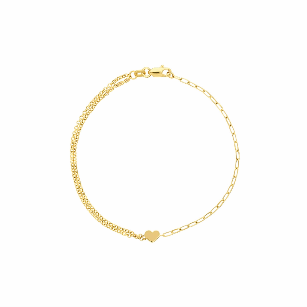 14K Yellow Gold Paperclip And Double Rolo Heart Bracelet