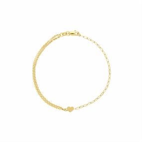 14K Yellow Gold Paperclip And Double Rolo Heart Bracelet