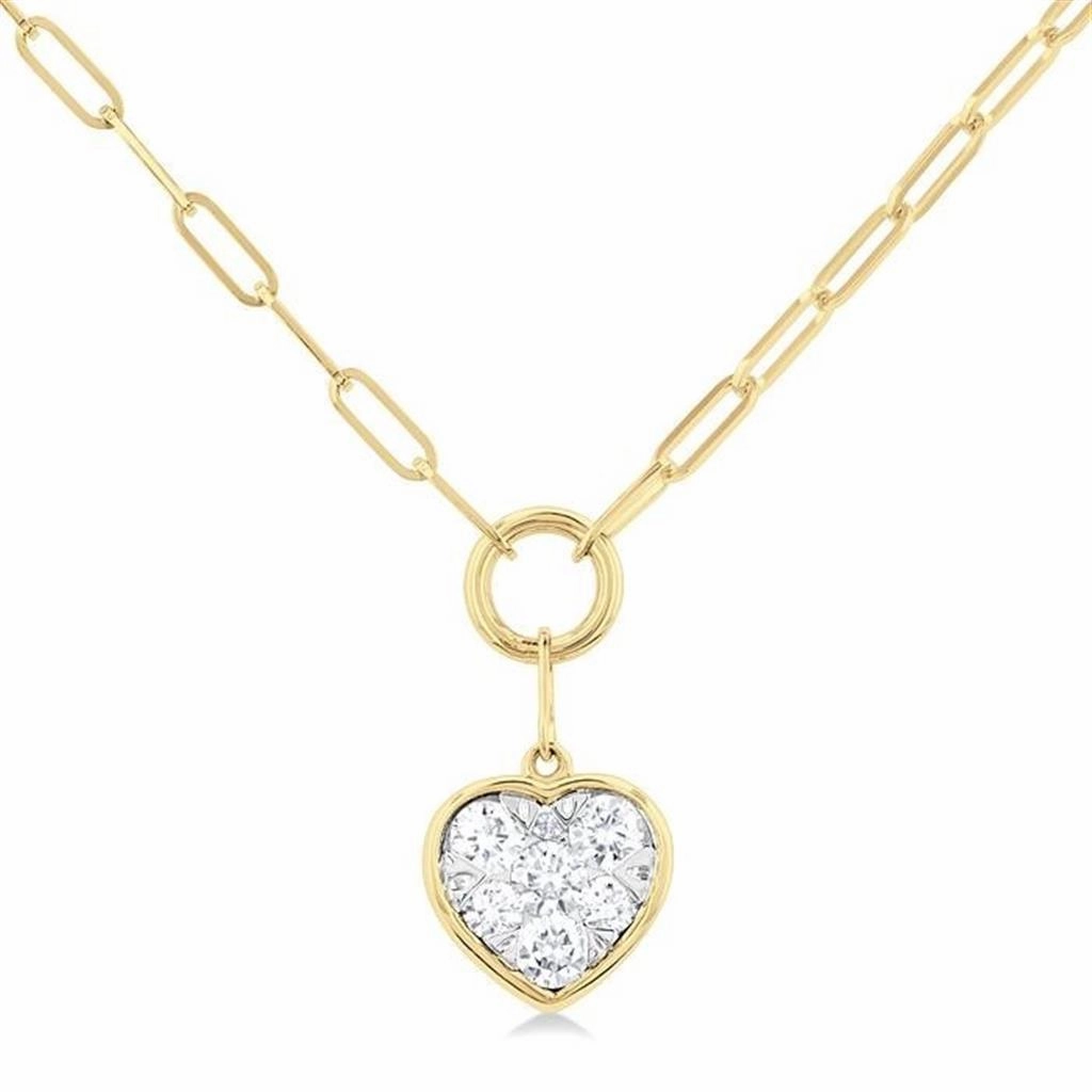 14K Yellow Gold Paperclip With Heart Shape Pav Cluster Diamond Necklace