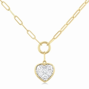 14K Yellow Gold Paperclip With Heart Shape Pav Cluster Diamond Necklace