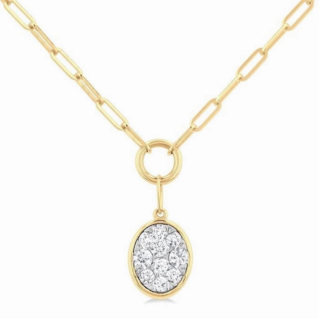 14K Yellow Gold Paperclip With Oval Shape Pav Cluster Diamond Necklace