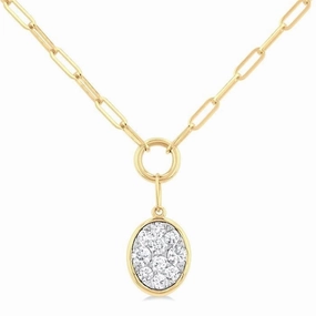 14K Yellow Gold Paperclip With Oval Shape Pav Cluster Diamond Necklace