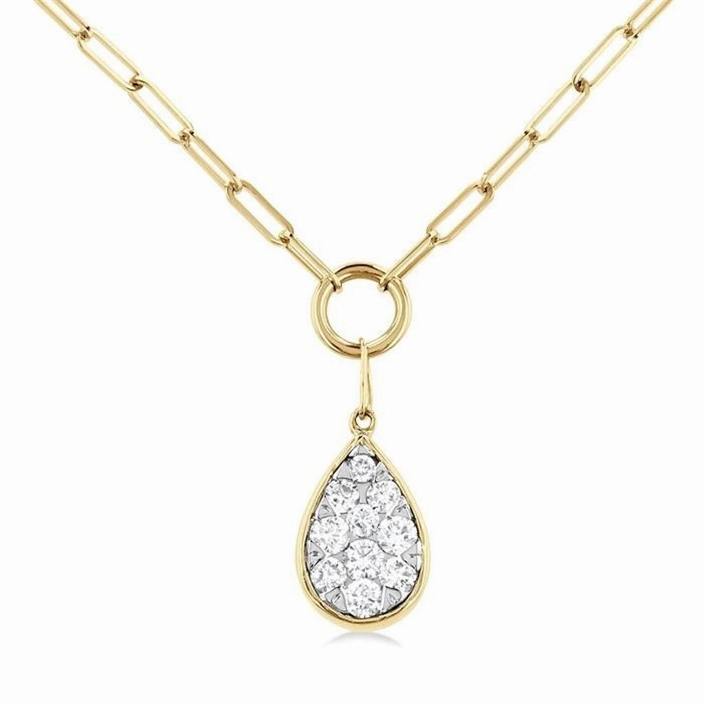 14K Yellow Gold Paperclip With Pear Shape Pav Cluster Diamond Necklace