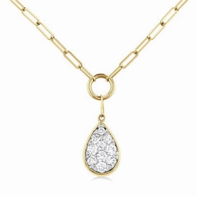 14K Yellow Gold Paperclip With Pear Shape Pav Cluster Diamond Necklace