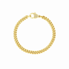 14K Yellow Gold Pav Diamond Pear Lock Curb Chain Bracelet