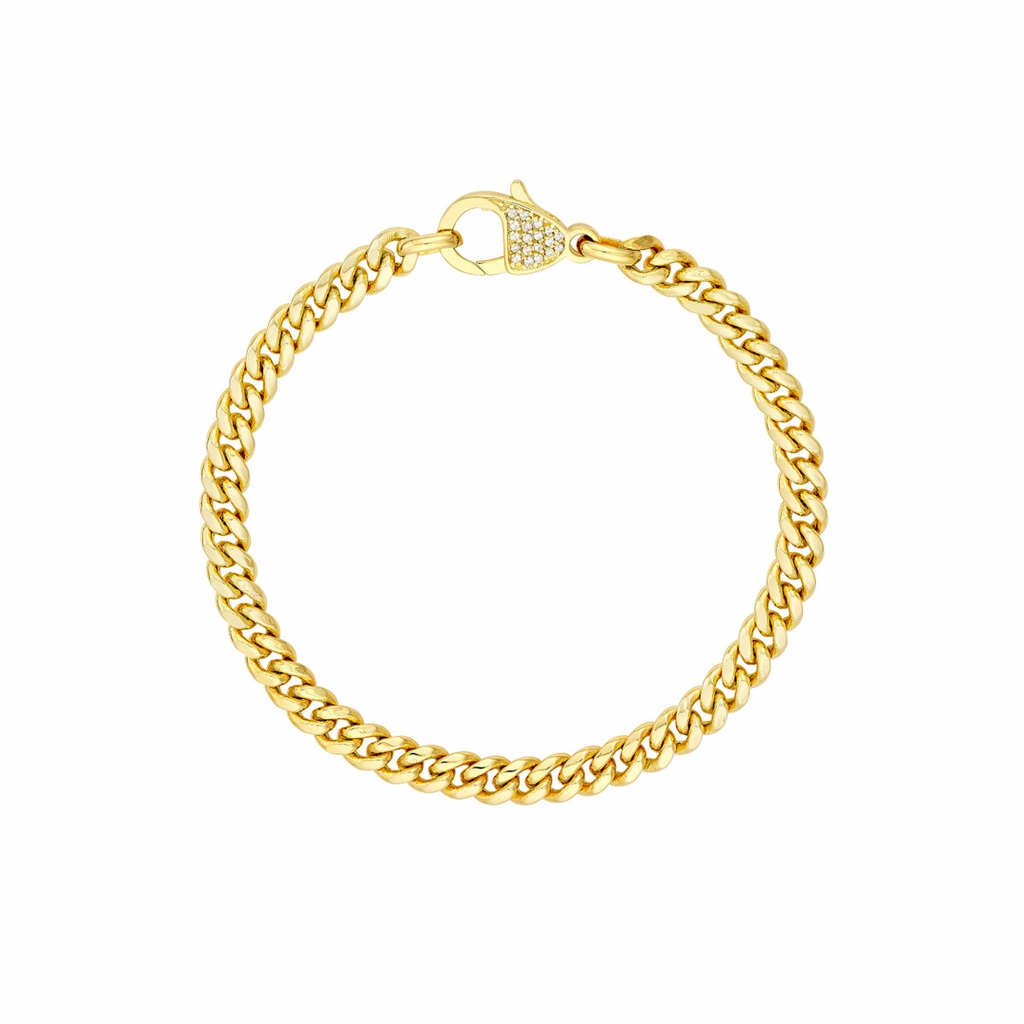 14K Yellow Gold Pav Diamond Pear Lock Curb Chain Bracelet