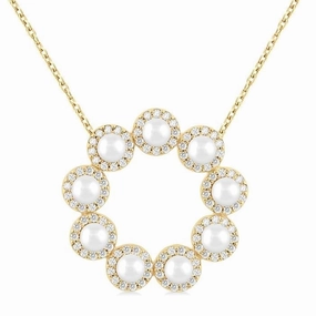 14K Yellow Gold Pearl And Diamond Circle Pendant