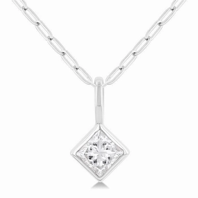 14K Yellow Gold Princess Cut Natural Diamonds Bezel Set Solitaire Pendant Necklace