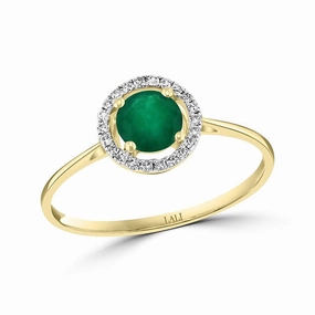 14K Yellow Gold Round Emerald Halo Ring