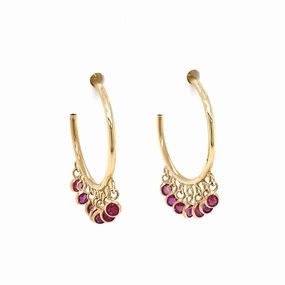 14K Yellow Gold Ruby Droplets Hoop Earrings