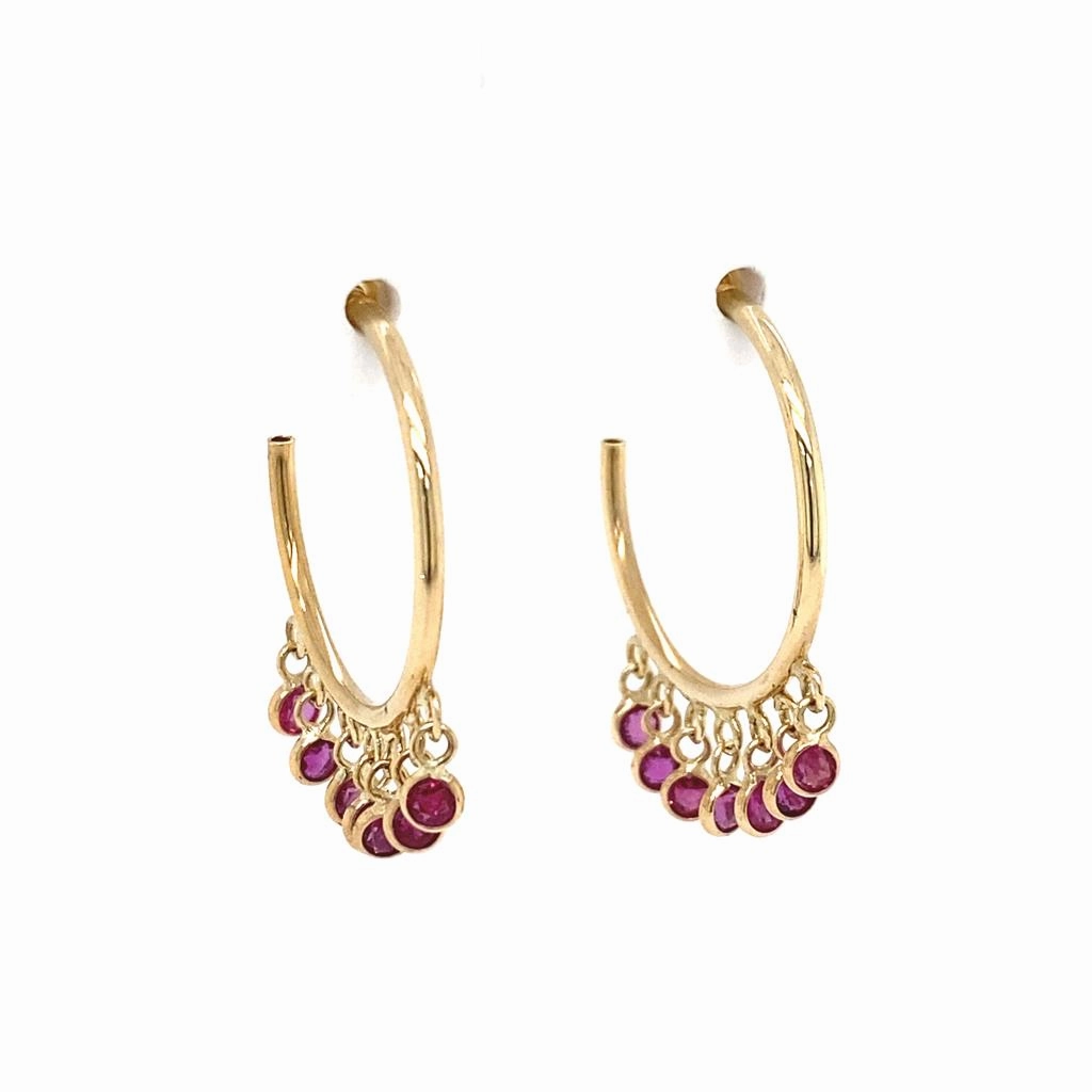 14K Yellow Gold Ruby Droplets Hoop Earrings