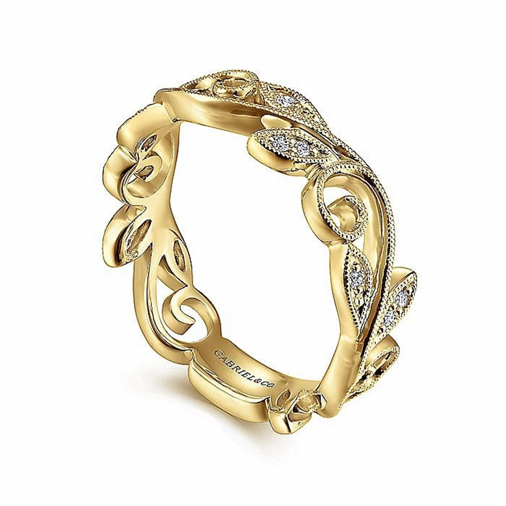 14K Yellow Gold Scrolling Floral Diamond Ring