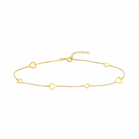 14K Yellow Gold Sideways Open Hearts Anklet