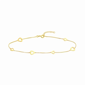 14K Yellow Gold Sideways Open Hearts Anklet