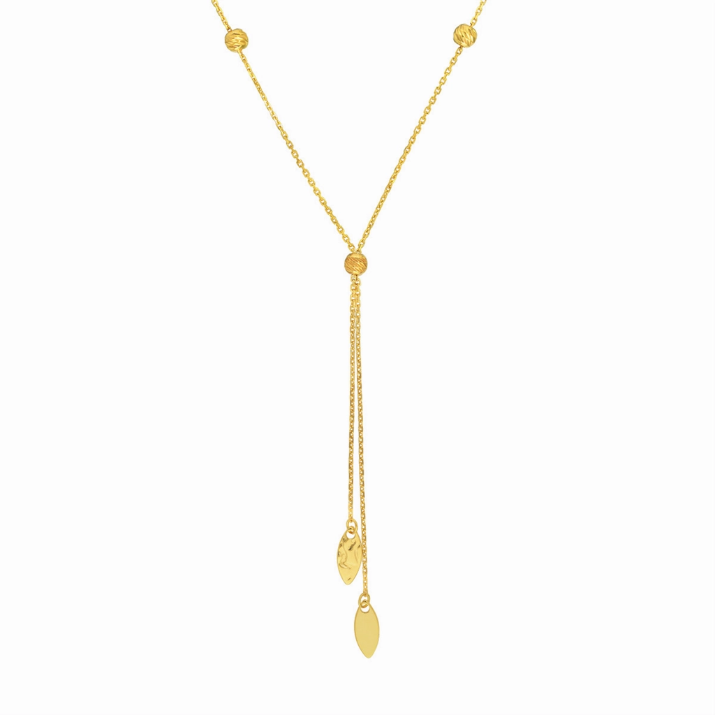 14K Yellow Gold Split Chain Bead And Marquise Lariat Necklace