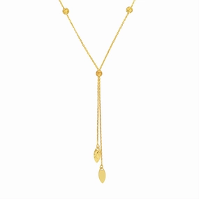 14K Yellow Gold Split Chain Bead And Marquise Lariat Necklace