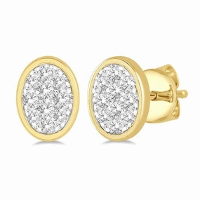 14K Yellow Gold Stud Diamond Pav Cluster Oval Earring