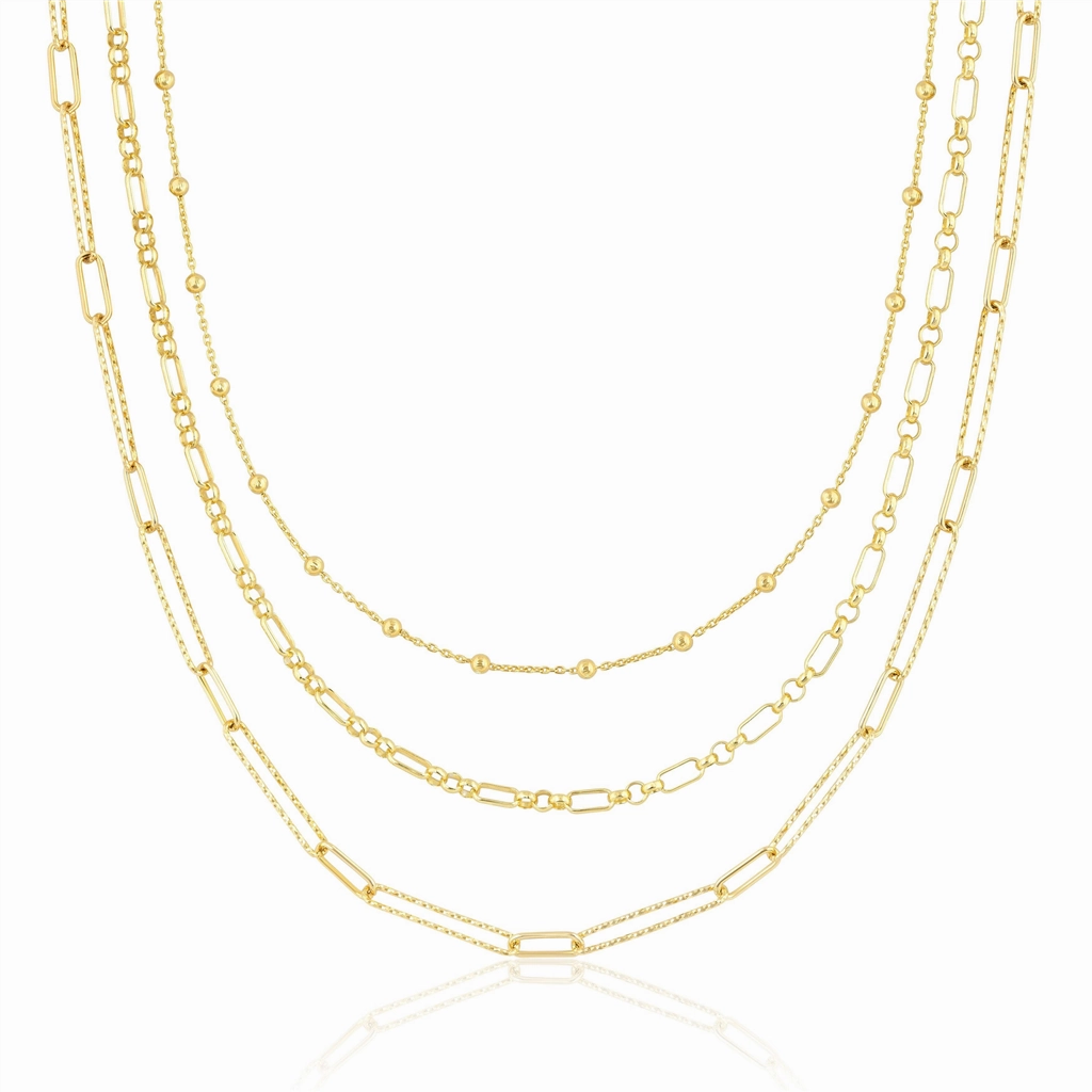 14K Yellow Gold Three Layer Chain Necklace