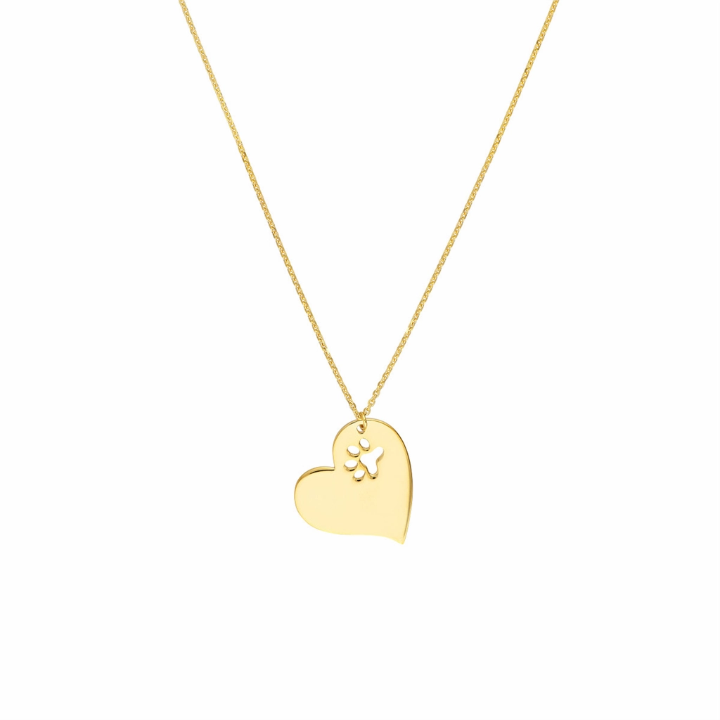 14K Yellow Gold Tilted Heart With Paw Cutout Necklace