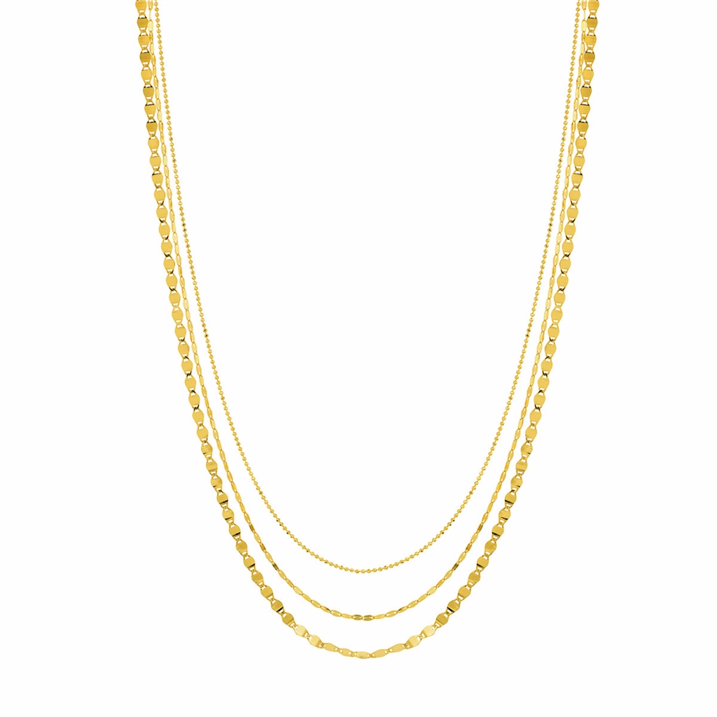 14K Yellow Gold Valentino Bead Triple Strand Layered Necklace