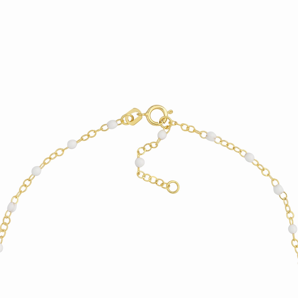 14K Yellow Gold White Enamel Bead On Piatto Anklet