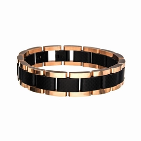 14mm Black And Rose Gold IP Steel With Carbon Fiber Link With Fold Over Clasp Bracelet