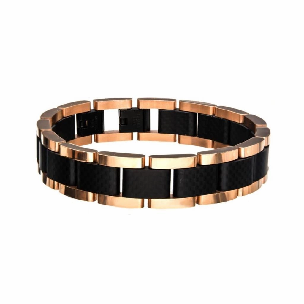 14mm Black And Rose Gold IP Steel With Carbon Fiber Link With Fold Over Clasp Bracelet