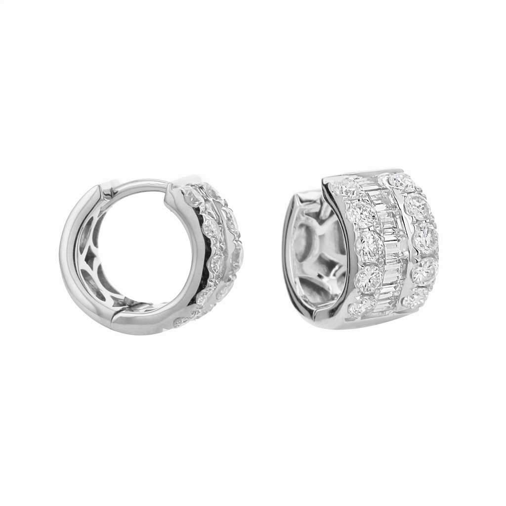 18K White Gold 10mm Round Huggie Natural Diamonds Hoop Earrings