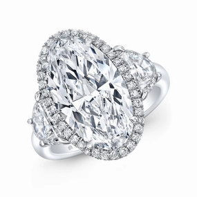 18K White Gold 2.03Ct "Moval" Diamond Three Stone Halo Engagement Ring