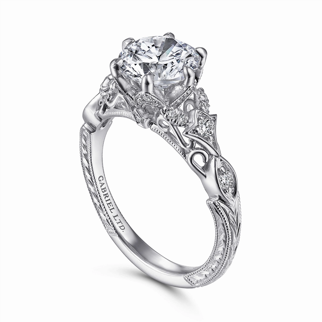 18K White Gold 'Indira' Vintage Inspiration Round Diamond Engagement Ring