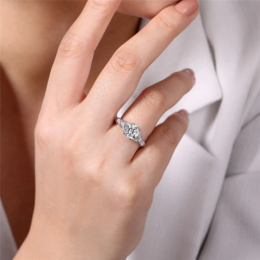 18K White Gold 'Indira' Vintage Inspiration Round Diamond Engagement Ring