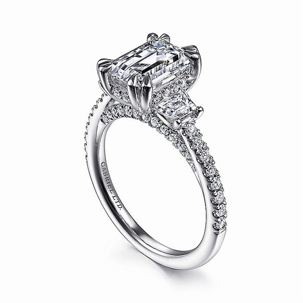 18K White Gold 'Willow' Three Stone Emerald Cut Diamond Engagement Ring