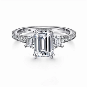 18K White Gold 'Willow' Three Stone Emerald Cut Diamond Engagement Ring