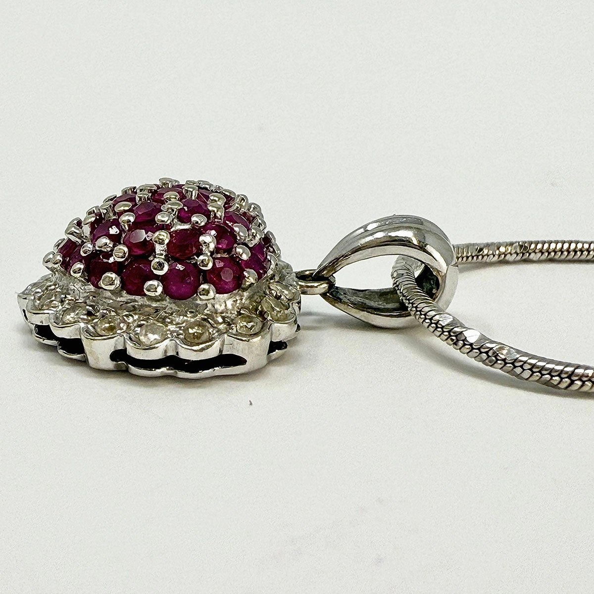 18K White Gold Chain Necklace with 14K Heart Shaped Pendant with Rubies