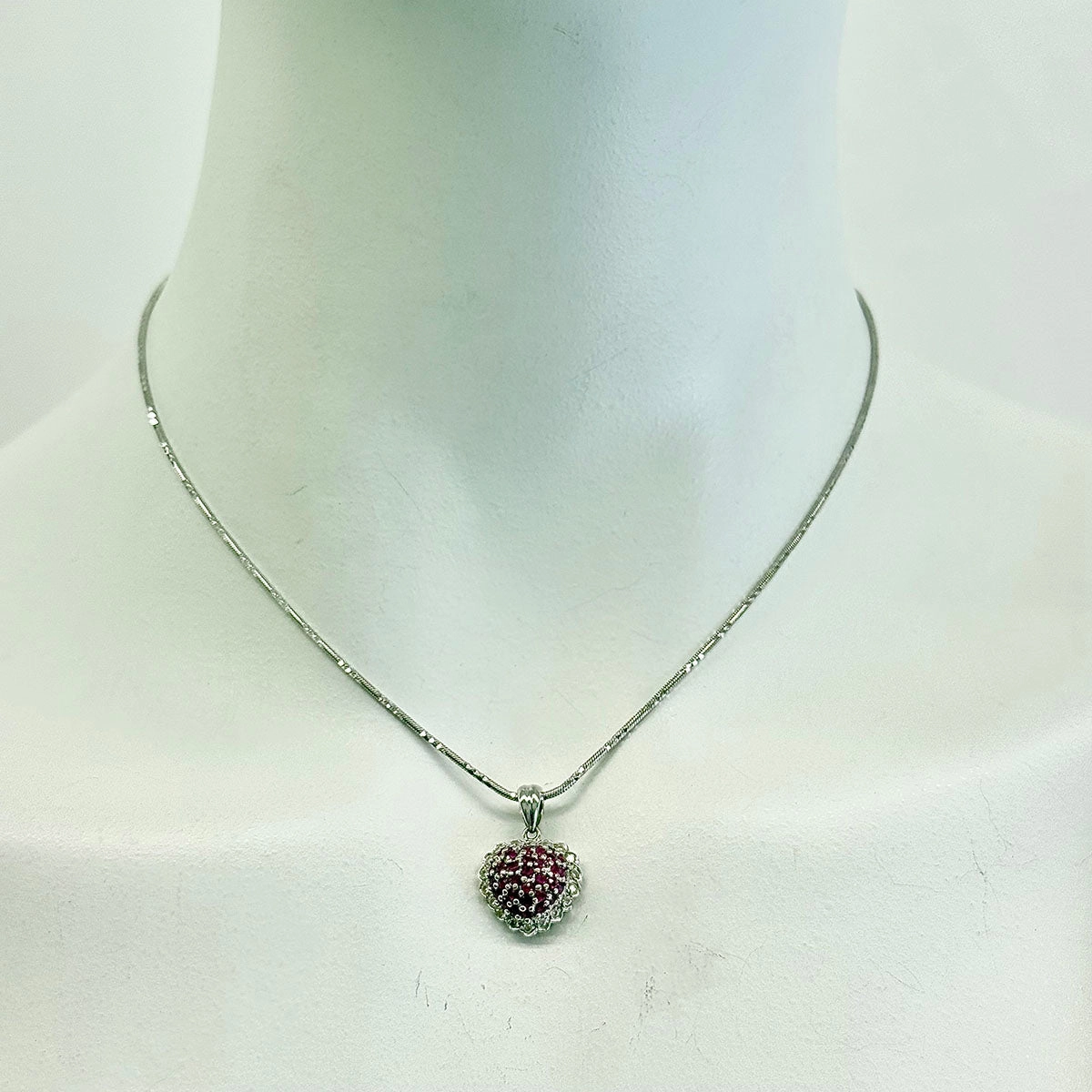 18K White Gold Chain Necklace with 14K Heart Shaped Pendant with Rubies