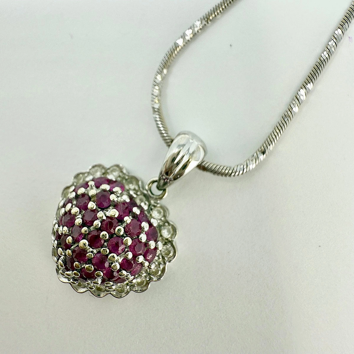18K White Gold Chain Necklace with 14K Heart Shaped Pendant with Rubies