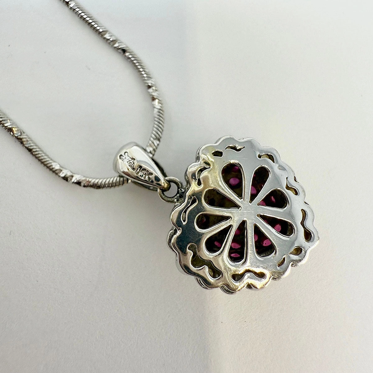 18K White Gold Chain Necklace with 14K Heart Shaped Pendant with Rubies