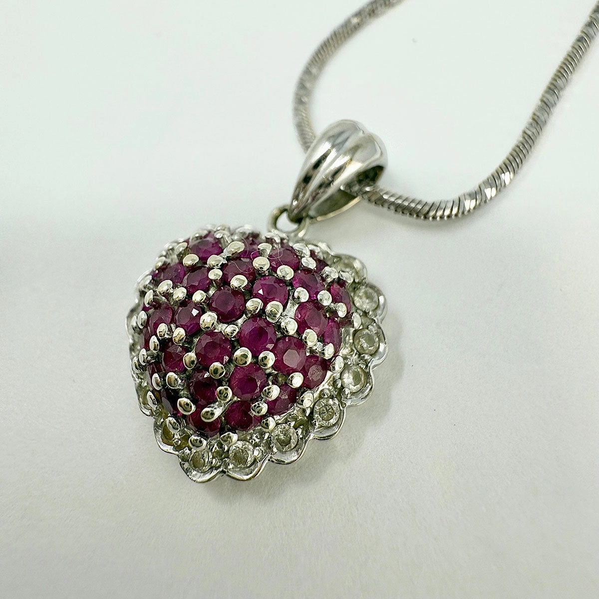 18K White Gold Chain Necklace with 14K Heart Shaped Pendant with Rubies