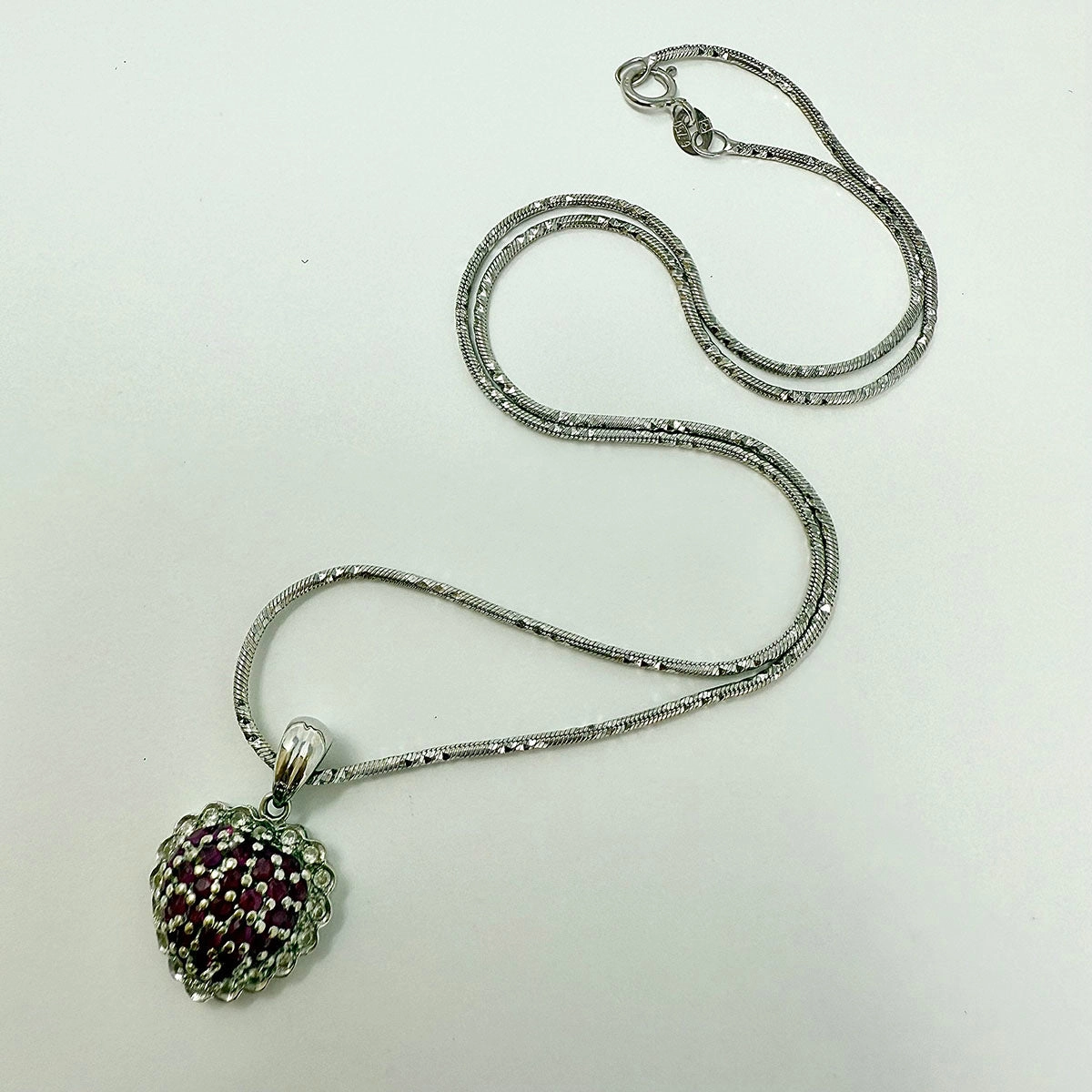 18K White Gold Chain Necklace with 14K Heart Shaped Pendant with Rubies