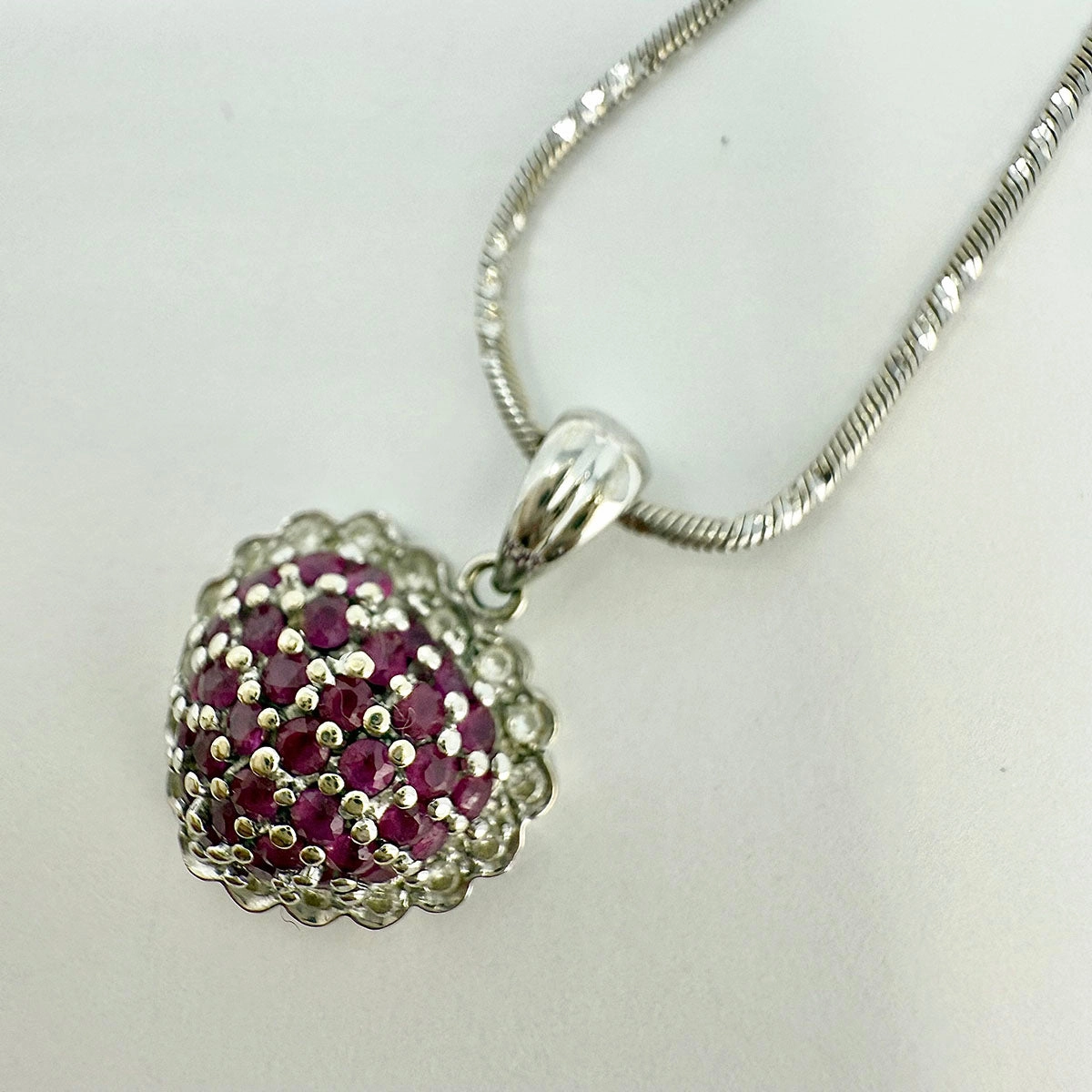 18K White Gold Chain Necklace with 14K Heart Shaped Pendant with Rubies