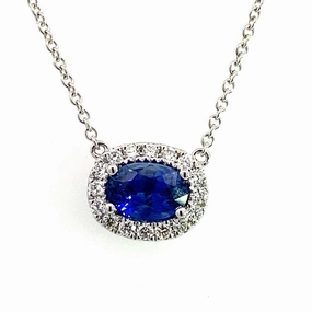 18K White Gold Diamond Halo Sapphire Necklace