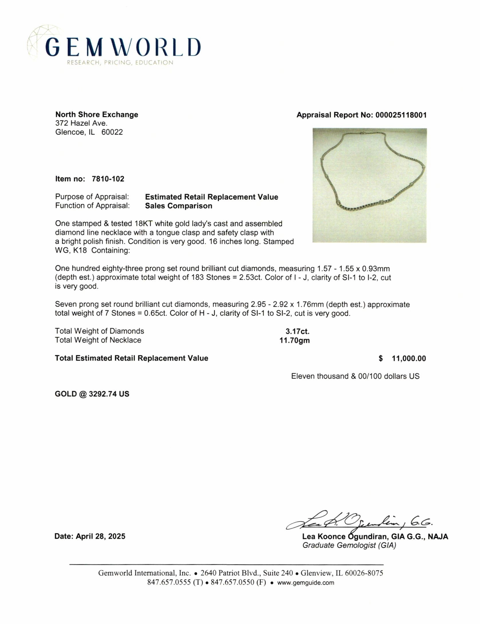 18K White Gold Diamond Tennis Necklace