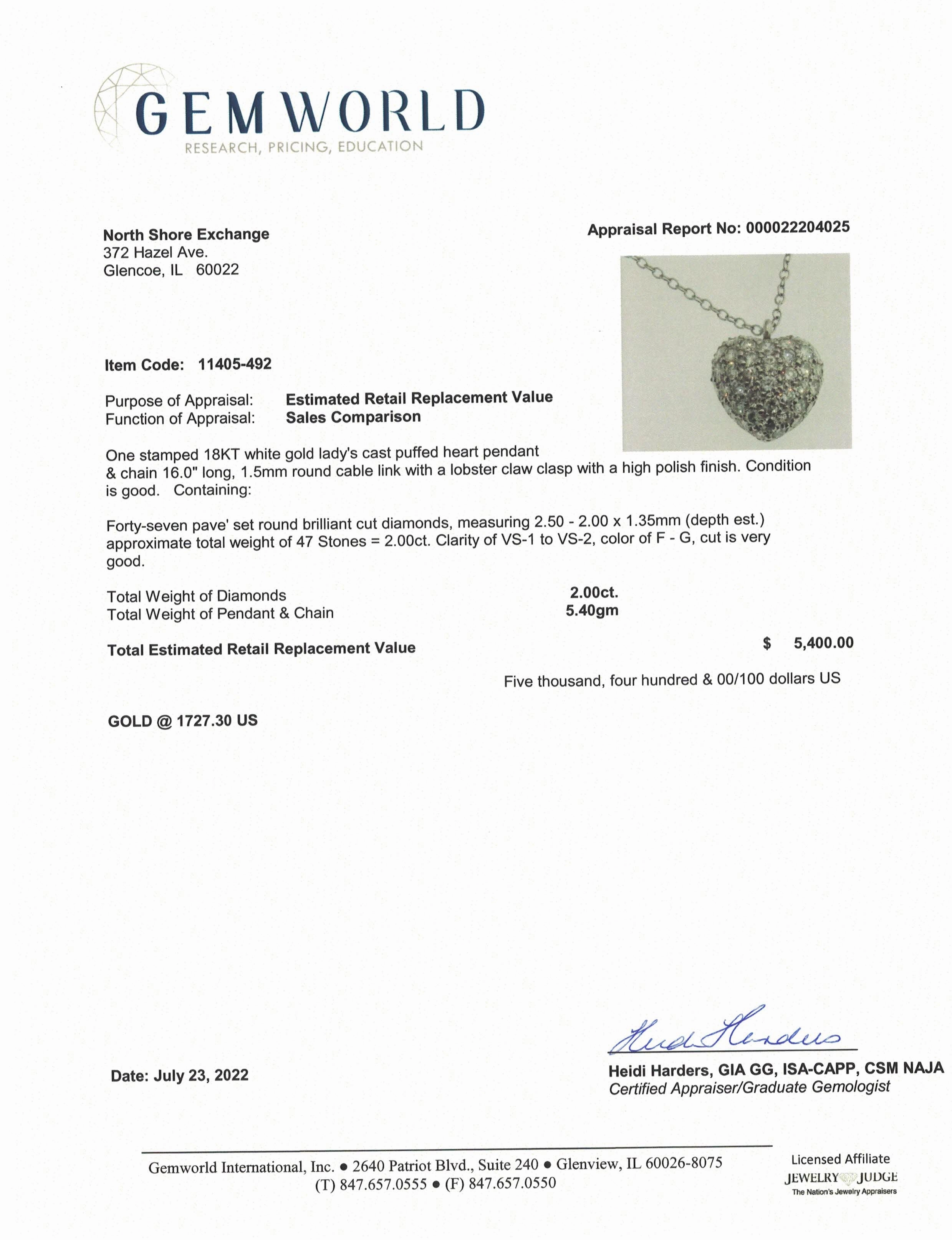 18K White Gold Necklace Diamond with Diamond Heart Pendant