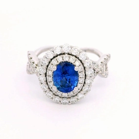 18K White Gold Oval Sapphire Double Halo Ring