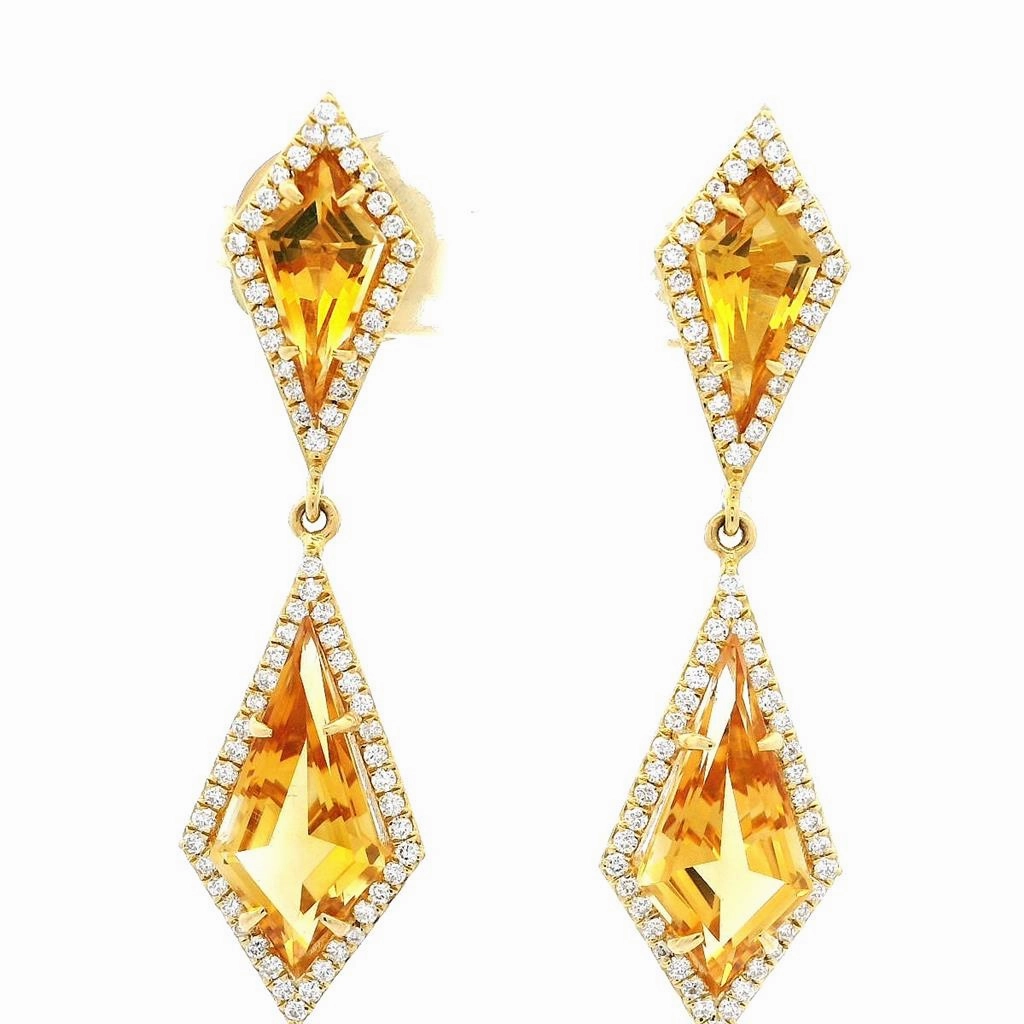 18K Yellow Gold Citrine And Diamond Dangle Earrings