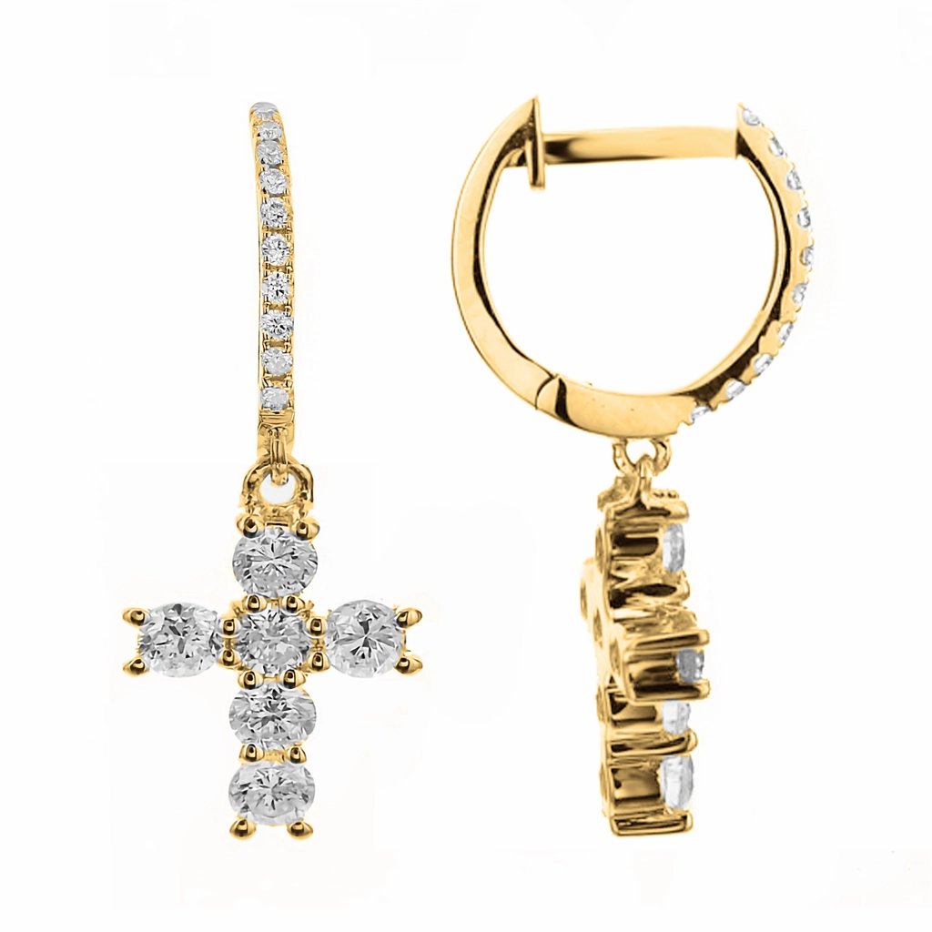 18K Yellow Gold Cross Dangle Natural Diamonds Earrings