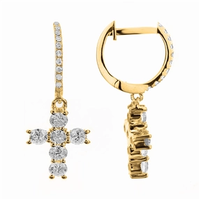 18K Yellow Gold Cross Dangle Natural Diamonds Earrings
